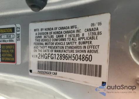 2006 Honda Civic Ex из США, поврежденный, VIN 2HGFG12896H504860